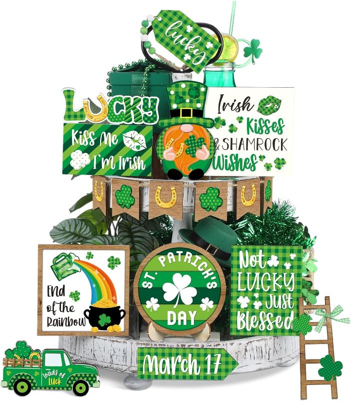 Photo 1 of 16 Pcs St. Patrick's Day Tiered Tray Decor Irish Wooden Signs Wooden Decorative Trays Farmhouse Lucky Shamrock Truck Wooden Sign Tiered Trays for Kitchen Bar Decoration (Classic Style)
