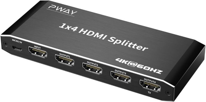 Photo 1 of HDMI Splitter 1 in 4 Out, 4K 60Hz 1x4 HDMI 2.0 Adapter Audio Video Distributor Box, Support 3D, HDR, HDCP2.2, Compatible for Blu-Ray Player, Xbox, PS4
