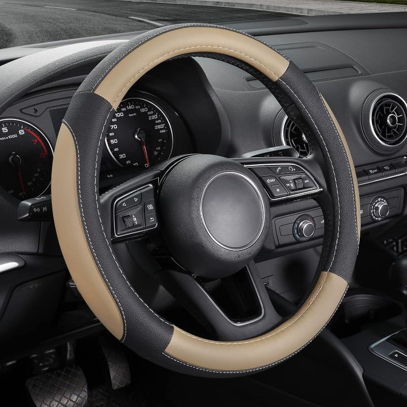 Photo 1 of SEG Direct Car Steering Wheel Cover for Prius Civic 14-14.25 inch, Black and Beige Microfiber Leather
