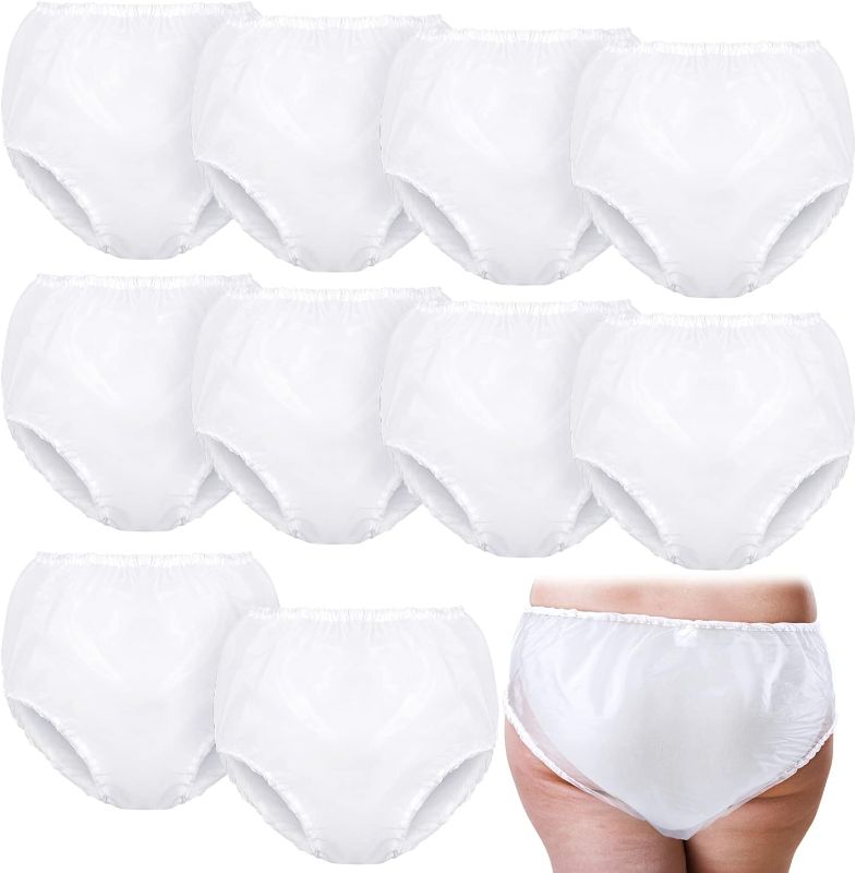 Photo 1 of 10 Pcs Adult Plastic Pants, X-Large, White, Waterproof Incontinence Underpants EVA Pull on Cover Pants Leak Proof Washable Incontinence Pants for Men Women Elderly

