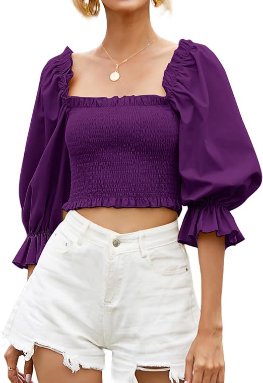 Photo 1 of Large Rooscier Women's Puff Short Sleeve Square Neck Shirred Frill Sexy Crop Top Blouse
