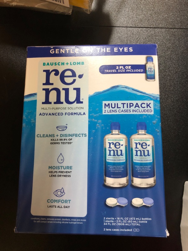 Photo 2 of Contact Lens Solution by Renu, Multi-Purpose Disinfectant, Advanced Formula Kills 99.9% of Germs, 16 Fl Oz (Pack of 2), Includes 2 Fl Oz Travel Size 16 Fl Oz (Pack of 2), includes travel size