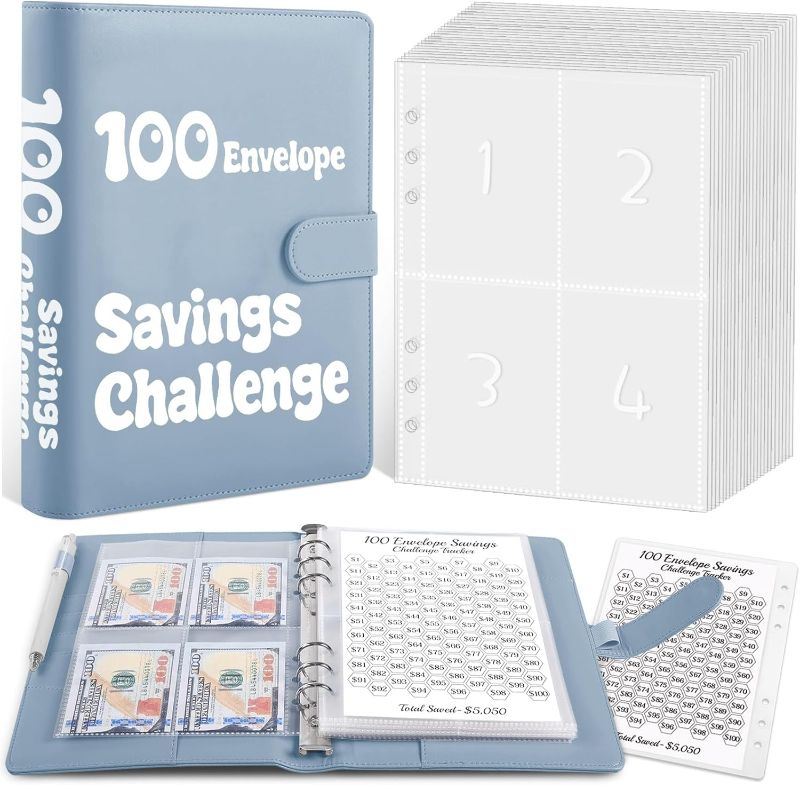 Photo 1 of 100 Envelopes Money Saving Challenge Binder, A5 Savings Challenges Book with Envelopes & Tracker, Money Saving Binder 100 Pocket Pre-Numbered, Motivational Process to Save $5050, Gray
 