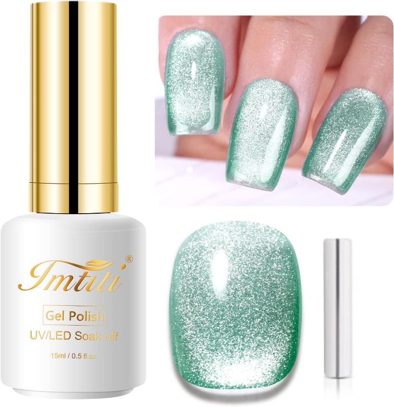 Photo 1 of 15ml Gel Nail Polishes Semi-Permanent Magnetic Cat Eye Glitter Light Green, Gel Nail Polish Cat Eye Holographic Shining Glitter Super Shiny Gel Nail Polish
