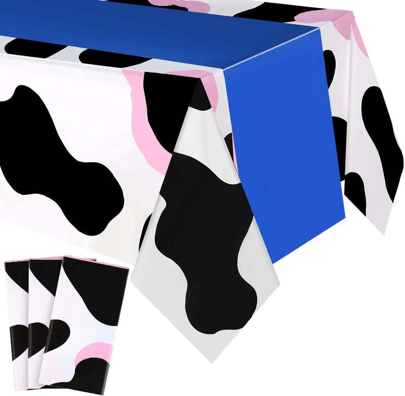 Photo 1 of 3 Pieces Pink Cow Tablecloth Plastic Table Runner Cow Table Cover Disposable Farm Animal Cowboy Tablecloth Rectangle Cow Themed Table Cover for Baby Birthday Cow Party Supplies (Blue)
