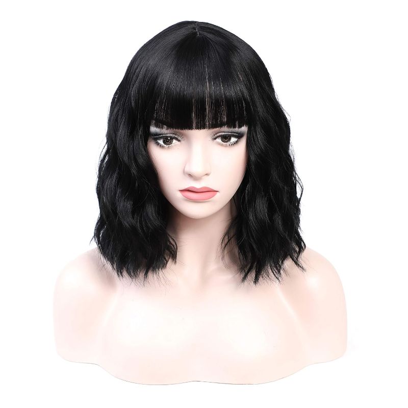 Photo 1 of Black Wigs 14'' Women's Party Wig Short Wavy Wig with Bangs Synthetic Halloween Cosplay Wig Average Size
