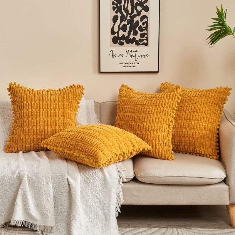 Photo 1 of 4 Pack Decorative Throw Pillow Covers with Pom-poms 18 x 18 for Couch Sofa Bed, Modern Corduroy Cushion Case for Living Room Decor, Mustard Yellow
