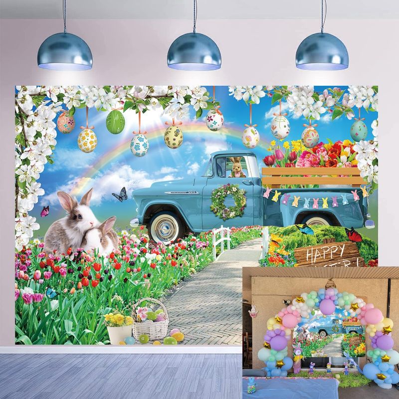 Easter Backdrop for Photography 8x6FT Blue Sky Truck Garden Floral ...