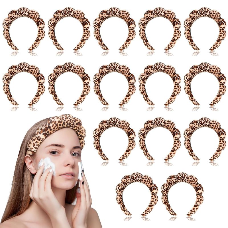 Photo 1 of 15 Pcs Sponge Spa Headbands Bulk for Woman Leopard Print Skincare Headbands Makeup Headband Padded Puffy Headband for Skin Care Washing Face Makeup Hair Accessories
