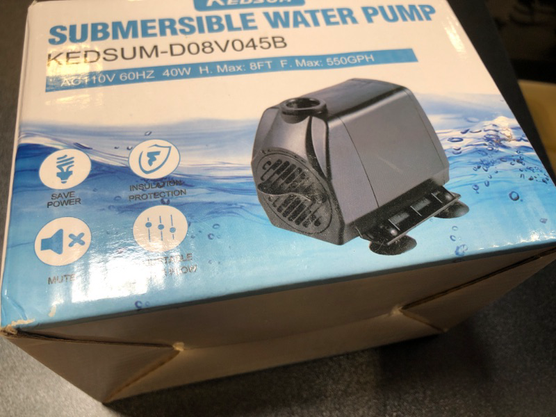 Photo 2 of KEDSUM 550GPH Submersible Pump(2500L/H, 40w), Ultra Quiet Water Pump with 8ft High Lift, Fountain Pump with 5.9 ft Grounded Power Cord, 3 Nozzles for Fish Tank, Pond, Aquarium, Statuary, Hydroponics
