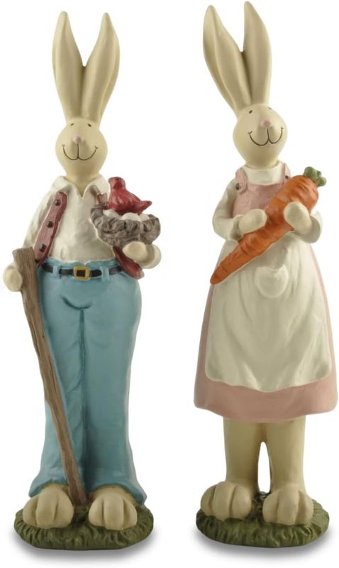 Photo 1 of 9.06'' Easter Bunny Figurine Hand Painted Couple Bunny Holding Bird Chute and Carrot, Spring Easter Decoration Bunny Holiday Party Home Accessories
