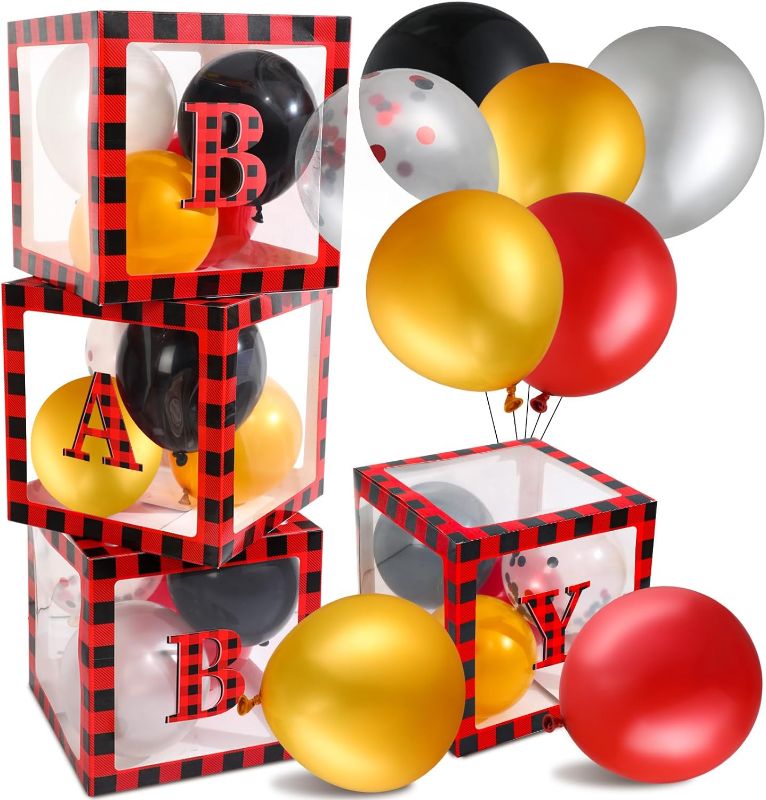 Photo 1 of 44 Pcs Lumberjack Baby Shower Party Decorations 4 Pcs Red Buffalo Plaid Transparent Balloon Boxes with Baby Letters 40 Pcs 10 Inch Balloons for Lumberjack Gender Reveal Party Supplies
