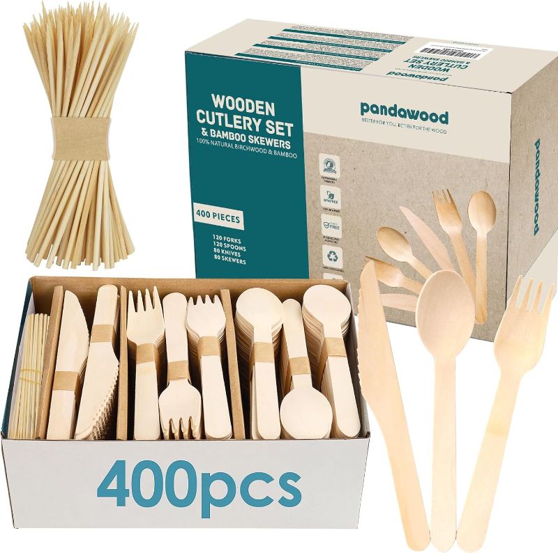 Photo 1 of Compostable Wooden Utensils Mixed 400 Count - Disposable Silverware Disposable Forks - Compostable Utensils with Compostable Forks and Spoons - Biodegradable Utensils…

