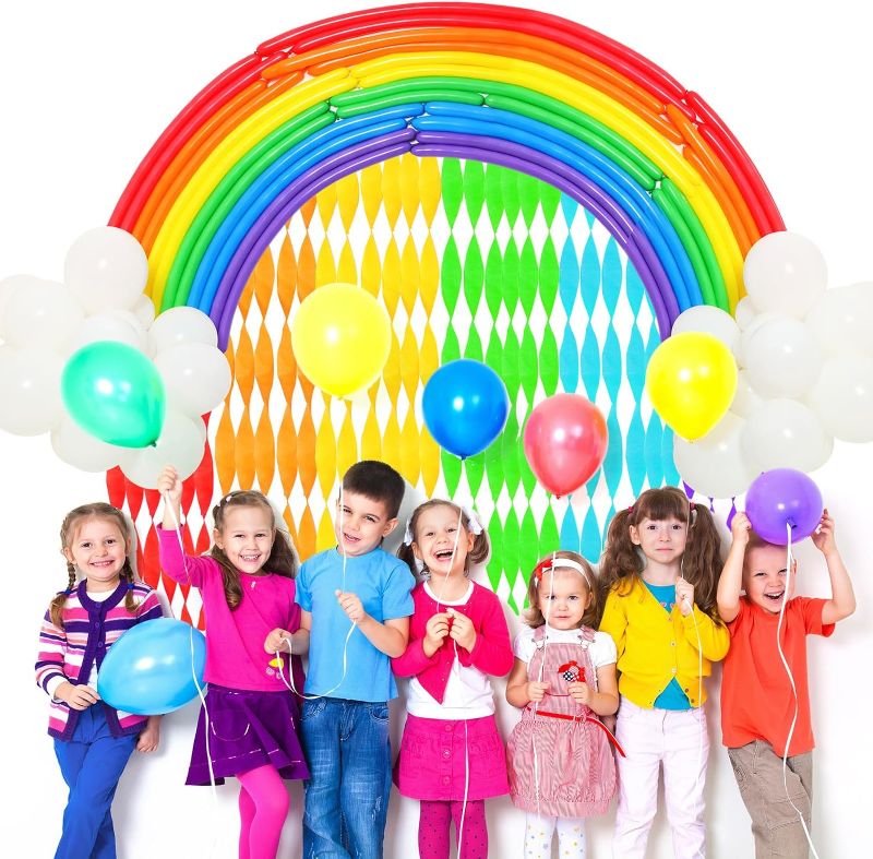 Photo 1 of 152 Pcs Rainbow Party Backdrop Decorations Rainbow Garland Kits Include Assorted Colors Long Balloons, White Latex Balloons and Crepe Paper Streamers for Carnival Birthday Rainbow Party
