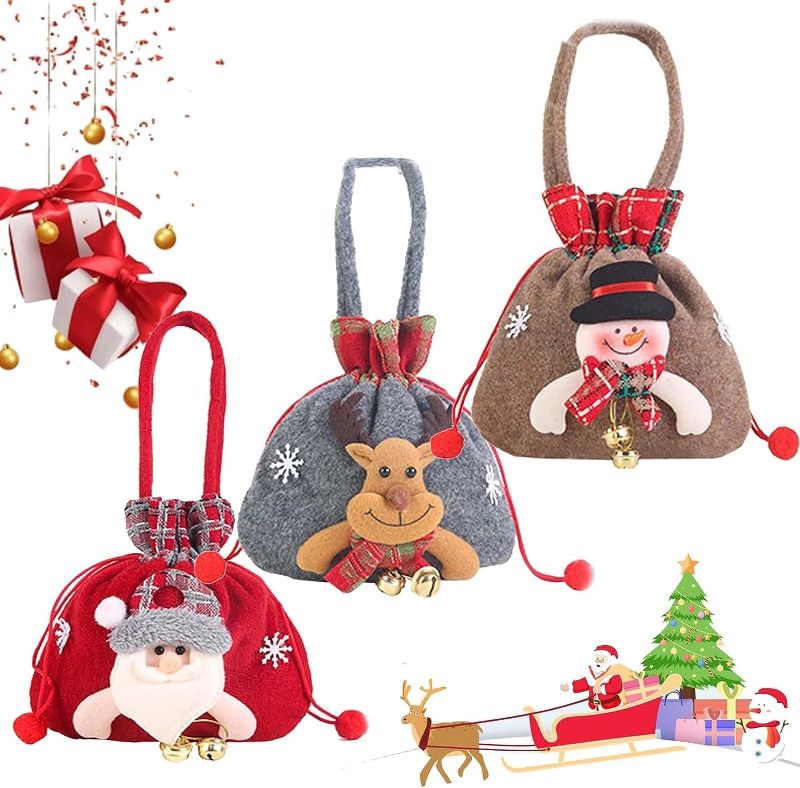 Photo 1 of  3pcs Christmas Gift Doll Bags, Cute Christmas Eve Apple Bags, Drawstring Reusable Fabric Goody Bag Xmas Favor Bags
