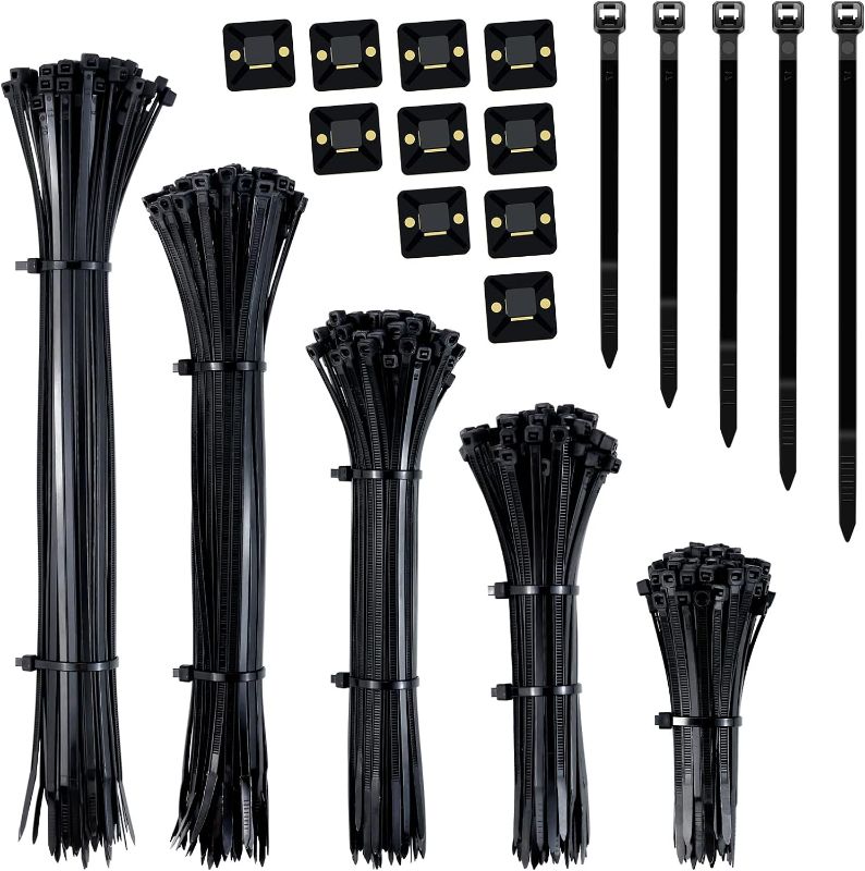 Photo 1 of 500pcs Cable Zip Ties with 10 Cable Mounts, 4/6/8/10/12 Inch Self-Locking Nylon Cable Ties, Self-Locking Black Nylon Tie Wraps for Indoor and Outdoor
