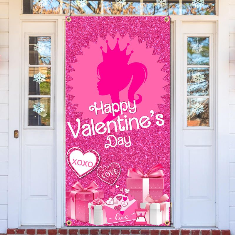 Photo 1 of  Valentines Day Door Cover,Glitter Hot Pink Happy Valentines Day Banner for Door Happy Valentine Day Supplies Front Door Love Princess Girl Theme Photo Booth Door Backdrop for Valentine Party Decor 2 PACK