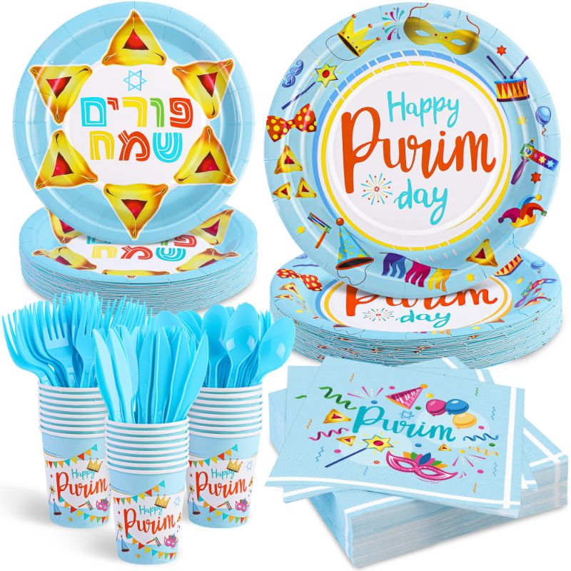 Photo 2 of durony 194 Pieces Happy Purim Party Supplies Purim Decorations Include Happy Purim Paper Plates Party Napkins Cup Purim Party Cutlery for Jewish Holiday Carnival Decoration Purim Party Serve 24 Guests