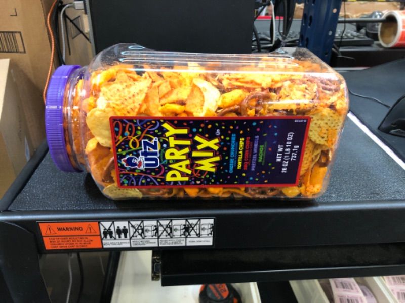 Photo 1 of Utz Party Mix - 26 Ounce Barrel - Tasty Snack Mix Includes Corn Tortillas, Nacho Tortillas, Pretzels, BBQ Corn Chips and Cheese Curls, Easy and Quick Party Snacks, Cholesterol Free and Trans-Fat Free