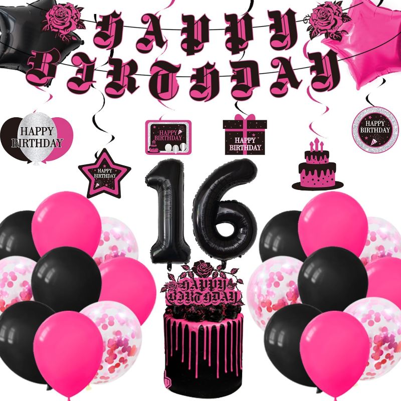 Photo 1 of 16th Birthday Decorations for Girls - Sweet 16 Birthday Decorations Sweet 16 Party Decorations 16th Happy Birthday Banner Hanging Swirls Kits Balloons Decoration for Girls