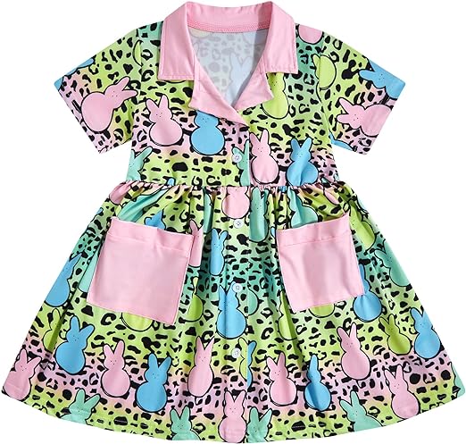 Photo 1 of Enlifety 2-6T Toddler Girl Easter Dress Short Sleeve Bunny Floral Dresses with Pockets