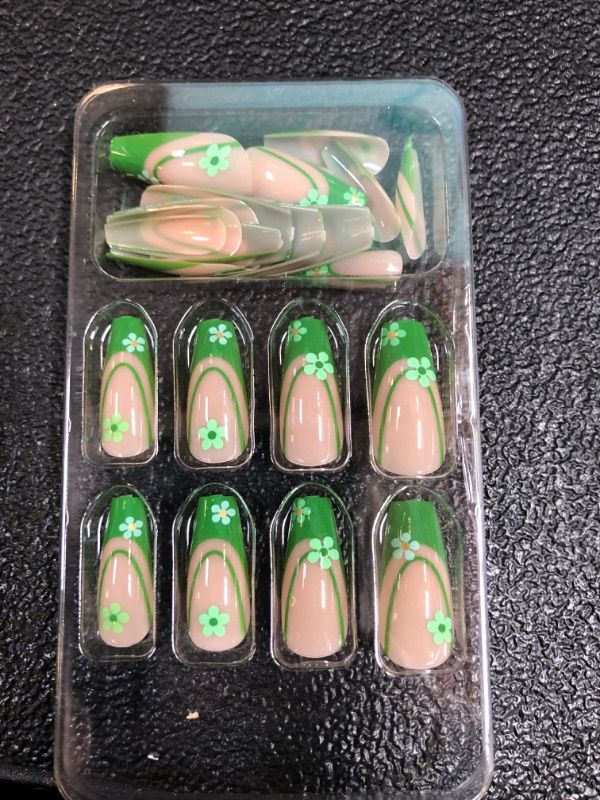 Photo 1 of 24 Pcs Square Green French Tips Flowers Press on Nails, Floral Fake Nail