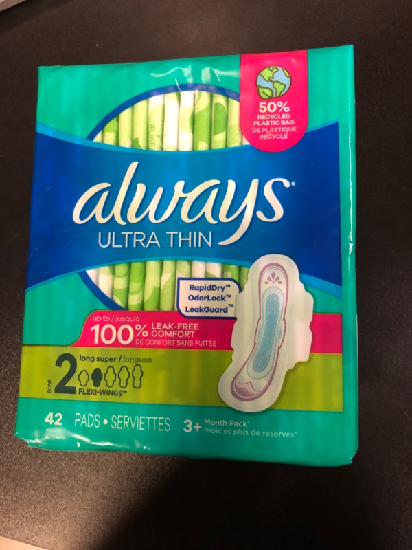 Photo 2 of Always Ultra Thin, Feminine Pads For Women, Size 2 Long Super Absorbency, With Wings, Unscented, 42 Count 42 Count (Pack of 1)