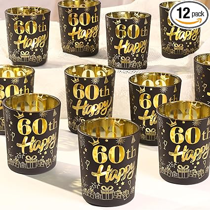 Photo 1 of 12pcs 60th Birthday Candle Holders Men, Happy 60 Birthday Decorations for Men Black Gold Votive Candle Holders for Sixty Years Old Birthday Party 60th Anniversary Decorations (Frosted Style)