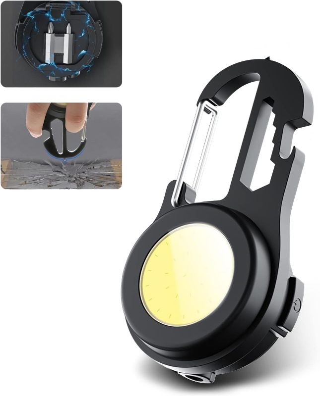 Photo 1 of COB Work Light with Clip, Rechargeable COB Keychain Light with Bottle Opener, Screwdriver, Wrench, Window Hammer, Carabiner, Pocket Magnetic COB Light for Night Running, Camping, Fishing
