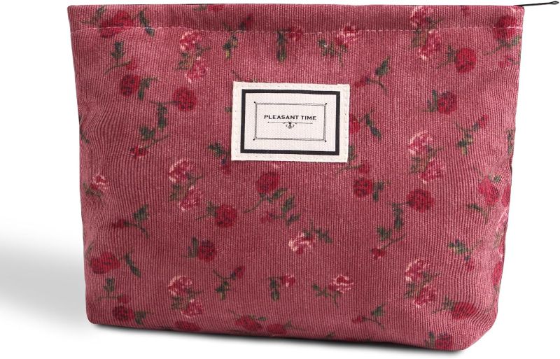 Photo 1 of Large Aesthetic Makeup Bag Floral Cute Mushrooms Makeup Bag Cosmetic Bag for Women,Large Capacity Canvas Makeup Bags Travel Toiletry Bag Organizer (Pink rose)
