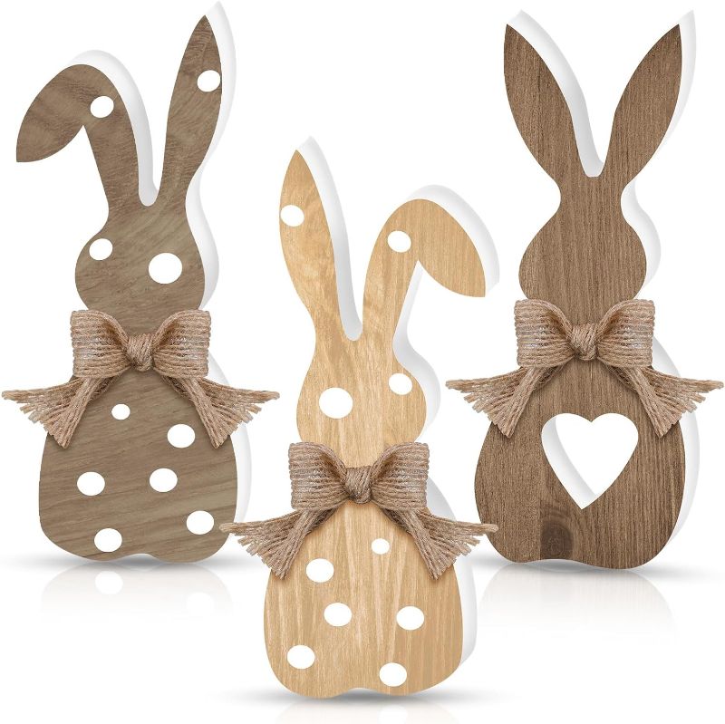 Photo 1 of 3 Pcs Easter Bunny Decor Wooden Rabbit Spring Decor Rustic Tiered Tray Easter Decorations Indoor Home Dining Farmhouse Sign Bunny Spice Tabletop Centerpieces with Linen Bow (Brown Series)
