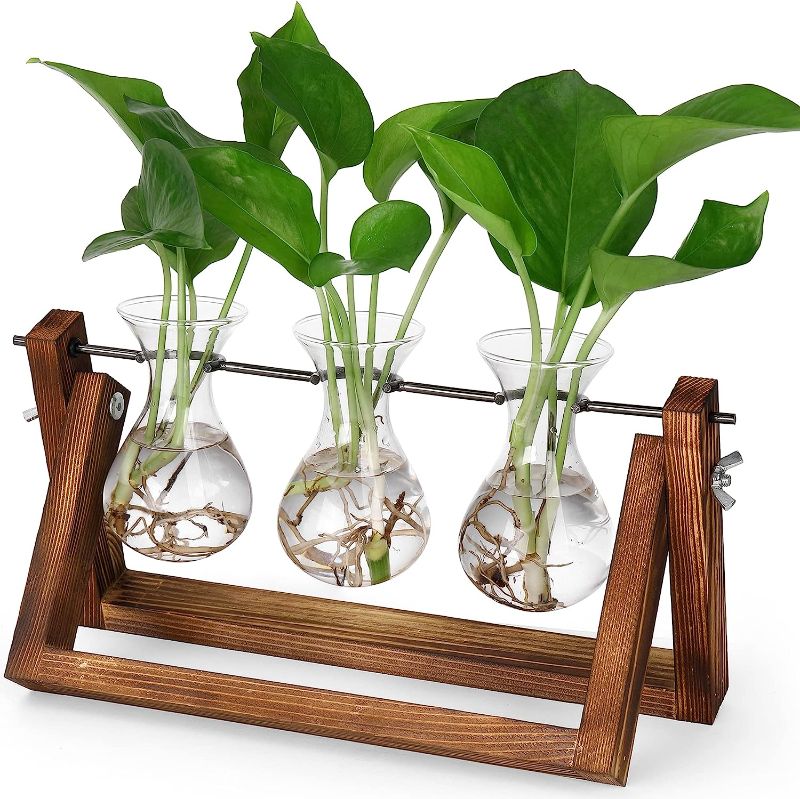 Photo 1 of  Propagation Stations,Desk Plant Terrarium with Retro Wooden Stand,Unique Birthday Gifts for Women Plant Lovers for Hydroponics Plants Home Office Garden Decor-3 Vase
