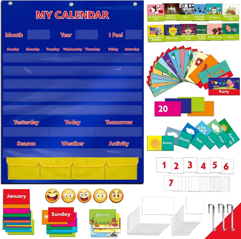 Photo 1 of SpriteGru Calendar and Weather Pocket Chart with 148 Cards,(108 Illustrated Activity Cards, 40 Dry Erasable Flash Cards and 3 Hooks 28"x35.5"),Alphabets, Blue
