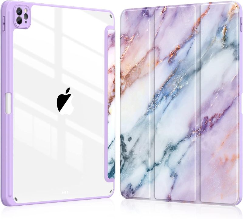 Photo 1 of Soke Ultra Hybrid Case for iPad Pro 12.9 Inch (6th/5th/4th/3rd Generation, 2022/2021/2020/2018) - Pencil Holder + Auto Sleep/Wake + Camera Protection, Transparent Shockproof Back Cover, Purple Marble
