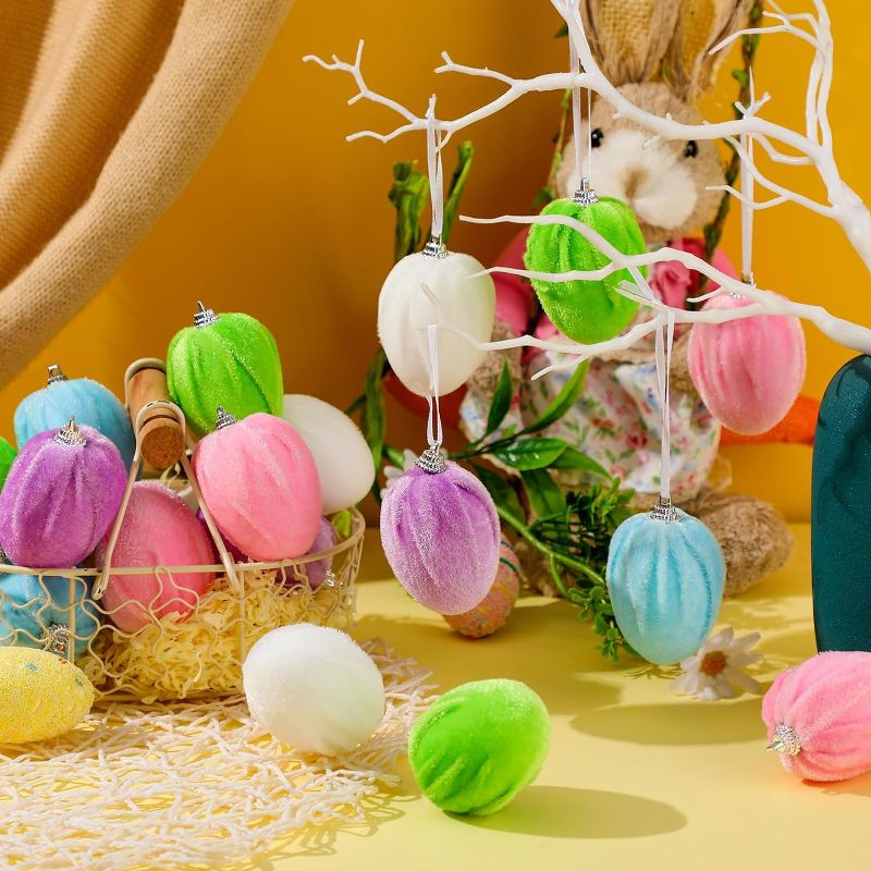 Photo 2 of 24 Pcs Easter Decorations Easter Hanging Eggs for Tree Colorful Velvet Eggs Spring Decorative Hanging Ornaments for Home Decoration Easter Party School Office Supplies Gifts (Cute Color)
