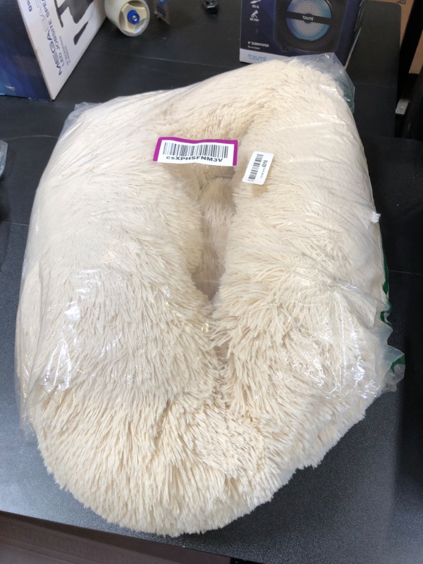 Photo 2 of Bedsure Calming Dog Bed for Small Dogs - Donut Washable Small Pet Bed, Round Anti-Slip Fluffy Plush Faux Fur Large Cat Bed, Fits up to 25 lbs Pets, Oat Milk, 23 inches 23x23x8 Inch (Pack of 1) Cream