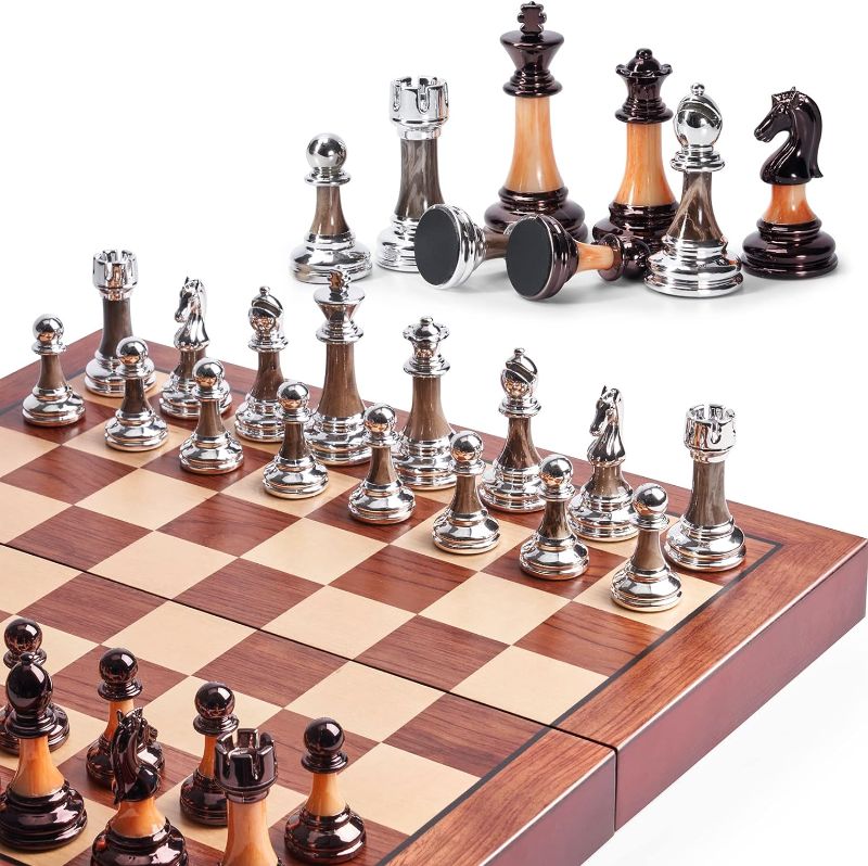 Photo 1 of Chess Set Large 16''/42cm Folding Wooden Board with Deluxe Weighted Acrylic Chess Pieces - 3.5" King with Storage Slots for Adults House Warming Retirement Gift
