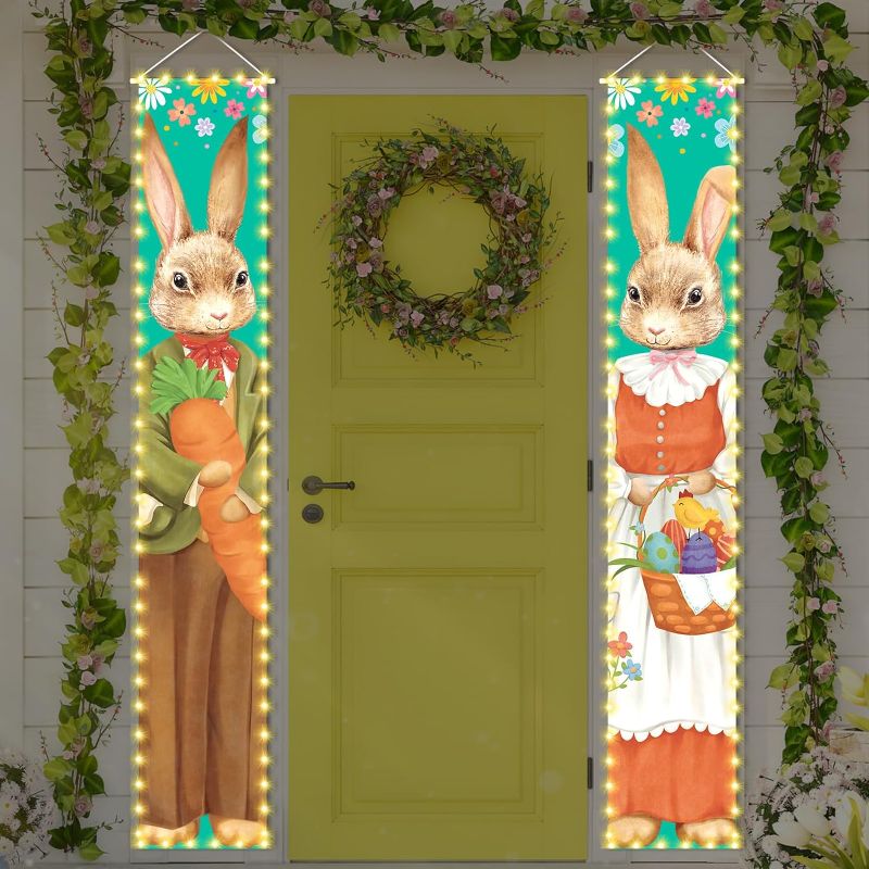 Photo 1 of 2 Pieces Easter Porch Banners Lighted Easter Banners Bunny Carrot Easter Hanging Decorations Porch Sign for Indoor Outdoor Easter Party Spring Porch Decor
