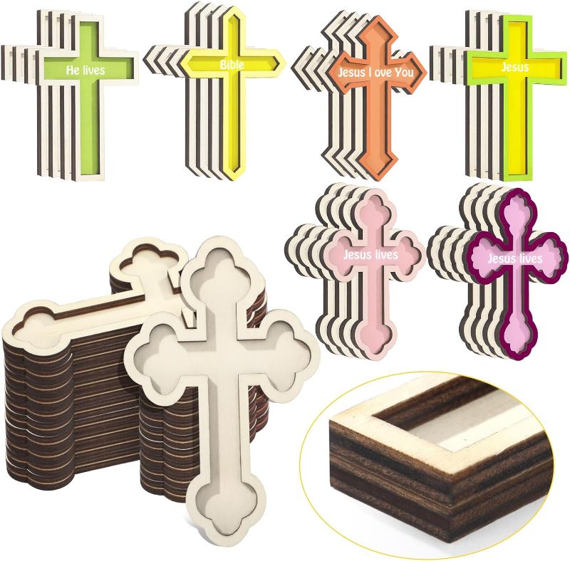 Photo 1 of 24 Pcs Easter Religious Crafts Kids Unfinished Wooden Crosses for Crafts Blank Wood Cross 4.33 x 2.76'' Layered Cross Shaped Wood Cutouts for Easter DIY Art Project Church Sunday School Home
