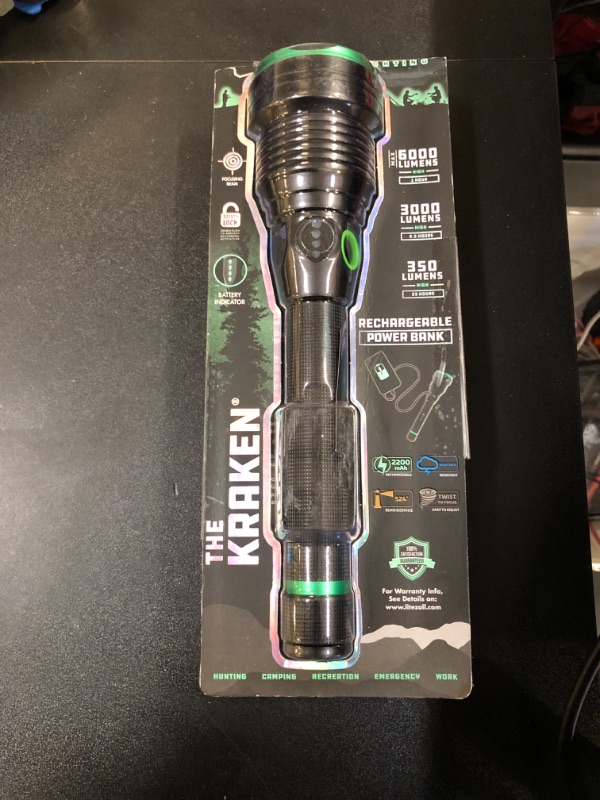 Photo 2 of KODIAK Tactical Flashlight | Compact and Portable LED Flashlight Kraken 6000 Lumens | Durable and Rubber Coated Power Bank Flash Light and Work Light Perfect for Camping, Hiking and Gifts for Men Kraken-6000 Lumens (MISSING CHARGING CABLE )