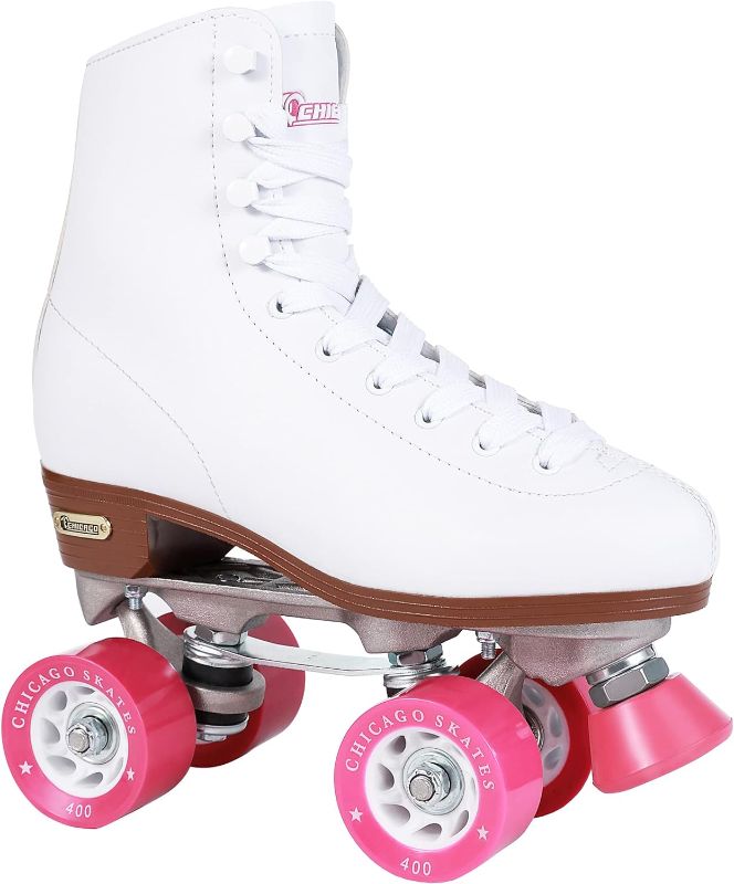 Photo 1 of CHICAGO Skates Premium White Quad Roller Skates for Girls and Women Beginners Classic Adjustable High-Top Design for Indoor or Outdoor Skates and Roller Derby
SIZE 8 (USED, MAJOR DAMAGE TO WHEELS)