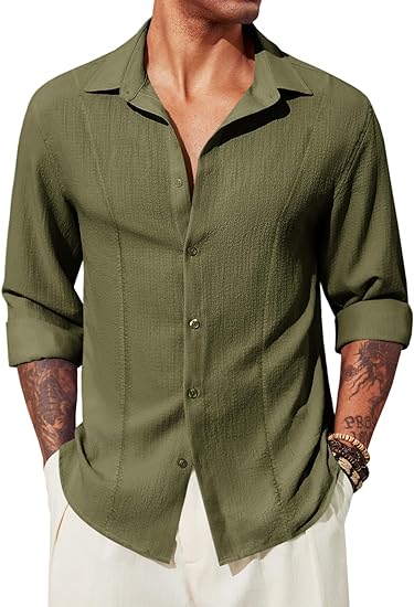 Photo 1 of Size L--Runcati Mens Button Down Shirt Casual Work Long Sleeve Textured Summer Hippie Shirts Large Army Green