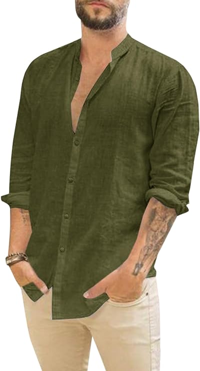 Photo 1 of Size L--Runcati Men's Button Down Linen Shirts Casual Long Sleeve Band Collar Beach Summer Shirt Top
