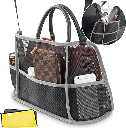 Photo 1 of AutoChoice Car Net Pocket Handbag Holder Between Seats with 3 Pockets, Also a Barrier for Pets and Children(Gray)