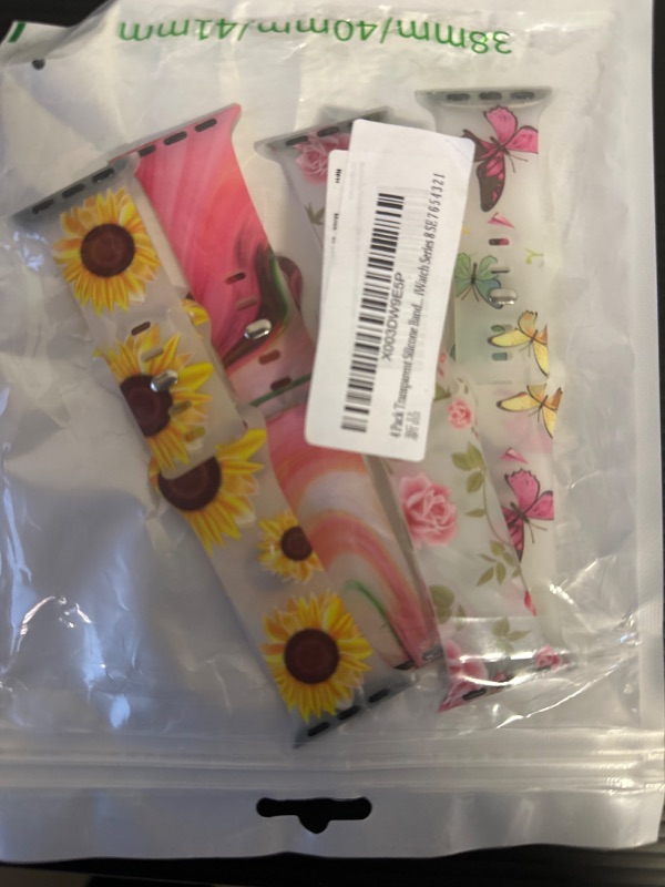 Photo 1 of 4 Pack Transparent Silicone Bands Compatible with Apple Watch Band 41mm 40mm 38mm 49mm 45mm 44mm 42mm, Printed Sport Strap Floral Pattern Wristband for iWatch Ultra Series 8 SE 7 6 5 4 3 2 1