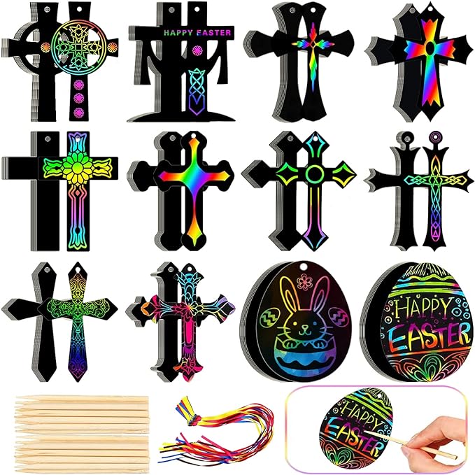 Photo 1 of Ahzemepinyo 120 Pieces Scratch Cross Easter Egg Ornaments Magic Rainbow Color Craft Kit DIY Scratch Paper Christian Gifts Scratch Paper Hanging Tags DIY Art Craft Kit for Boys Girls