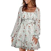 Photo 1 of Size 2XL---Dokotoo Women Square Neck Dress Shirred Elastic Waist Long Lantern Sleeve Fall Summer Dress for Women Floral Print Ruffle Tie Back A-Line Off The Shoulder