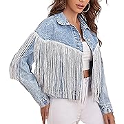 Photo 1 of Size S--Chevara Women’s Fringe Jacket Long Sleeve Button Up Cropped Cowgirl Tassel Denim Jean Jackets(0004-02Blue-S-CW)