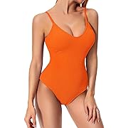 Photo 1 of Size L--Angerella Women One Piece Swimsuit Solid Ribbed Deep V Neck Tummy Control Low Back Adjustable Straps Bathing Suits Orange L