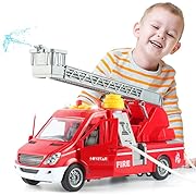 Photo 1 of ANJARU 11" Rescue Fire Truck Toys Car Lights & Sounds Shooting Water car Transport Trailers Push Car Extendable Ladder for Toddlers and Kids